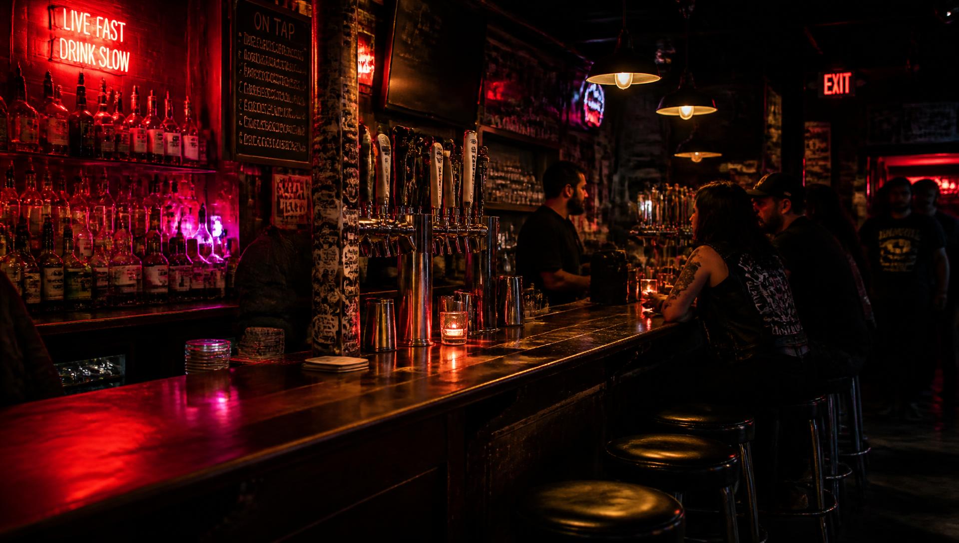 Comptoir d'un bar Delirium, bières pression et néons rouges